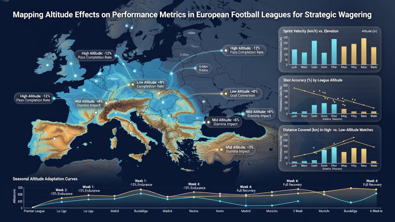 Heatmap visualization of player workload metrics comparing low versus moderate altitude matches in European leagues