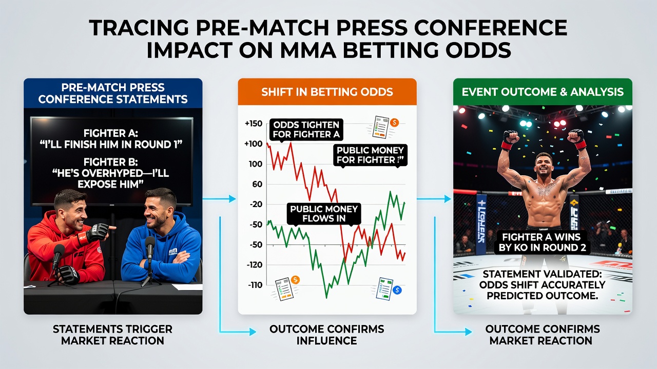 Close-up of a fighter responding to questions during an MMA press conference with odds fluctuation charts in background